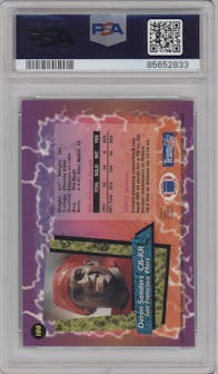 Deion Sanders from the 1995 Topps Finest set featuring a Refractor W/ Coating parallel graded by PSA and given an overall grade of 8.