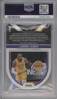 LeBron James from the 2020-21 Panini Obsidian set featuring a Electric Etch Yellow Flood parallel graded by PSA and given an overall grade of 9.