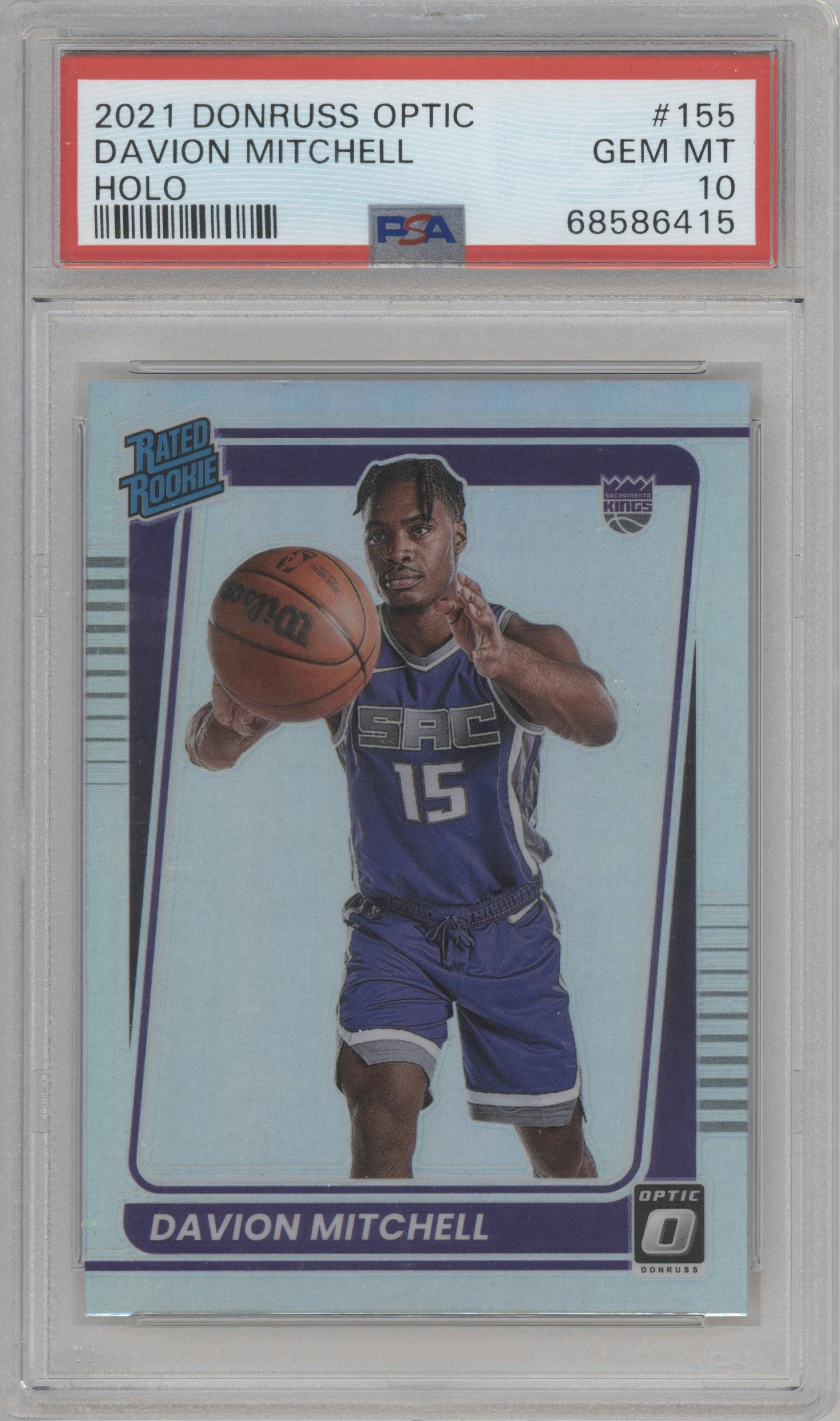 Davion Mitchell  from the 2021-22 Panini Donruss Optic set featuring a Holo parallel graded by PSA and given an overall grade of 10.