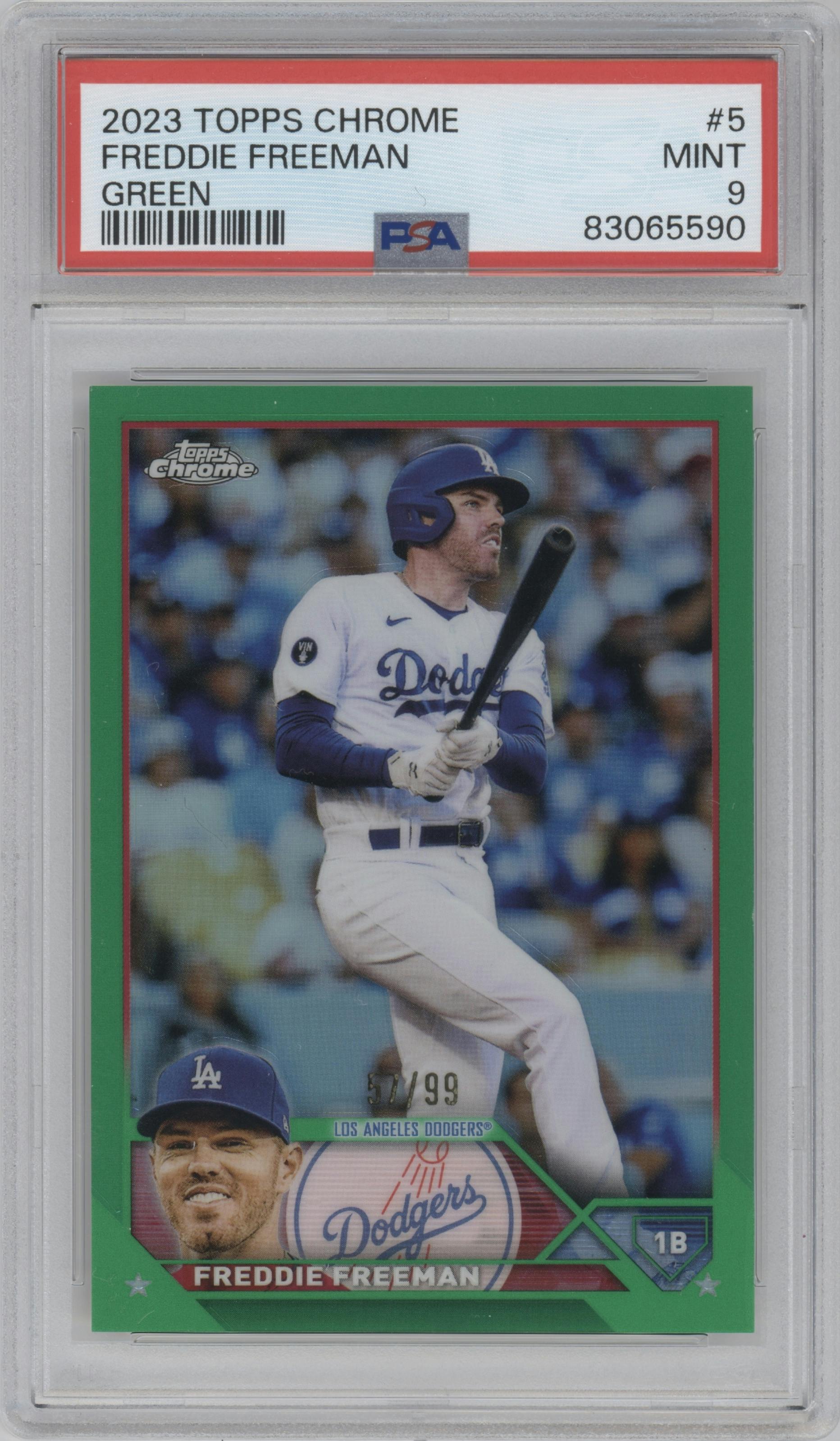 Freddie Freeman from the 2023 Topps Chrome set featuring a Green Refractor parallel graded by PSA and given an overall grade of 9.