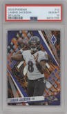 Lamar Jackson from the 2023 Panini Phoenix set featuring a Lava parallel graded by PSA and given an overall grade of 10.