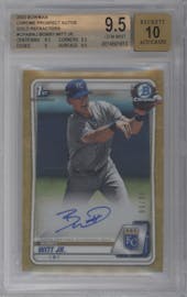 Bobby Witt Jr. from the 2020 Bowman set featuring a Gold Refractor parallel graded by Beckett and given an overall grade of 9.5.