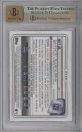 Bobby Witt Jr. from the 2020 Bowman set featuring a Gold Refractor parallel graded by Beckett and given an overall grade of 9.5.