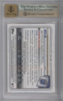 Bobby Witt Jr. from the 2020 Bowman set featuring a Gold Refractor parallel graded by Beckett and given an overall grade of 9.5.
