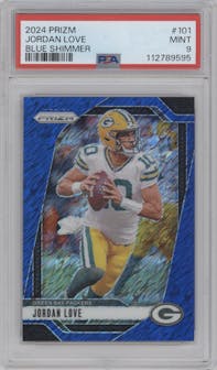 Jordan Love from the 2024 Panini Prizm set featuring a Blue Shimmer parallel graded by PSA and given an overall grade of 9.