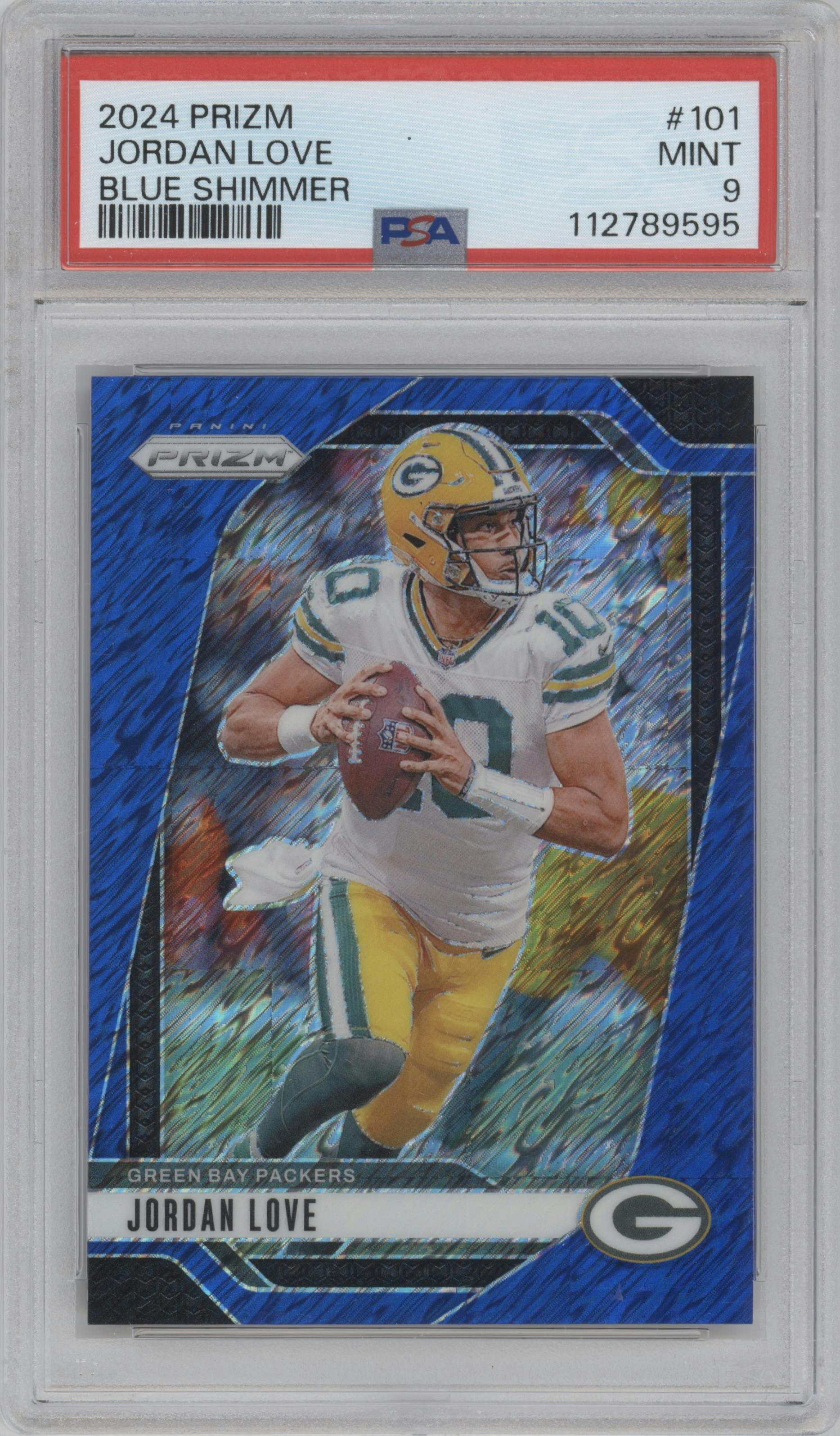 Jordan Love from the 2024 Panini Prizm set featuring a Blue Shimmer parallel graded by PSA and given an overall grade of 9.