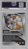 Jordan Love from the 2024 Panini Prizm set featuring a Blue Shimmer parallel graded by PSA and given an overall grade of 9.