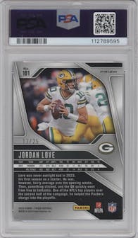 Jordan Love from the 2024 Panini Prizm set featuring a Blue Shimmer parallel graded by PSA and given an overall grade of 9.