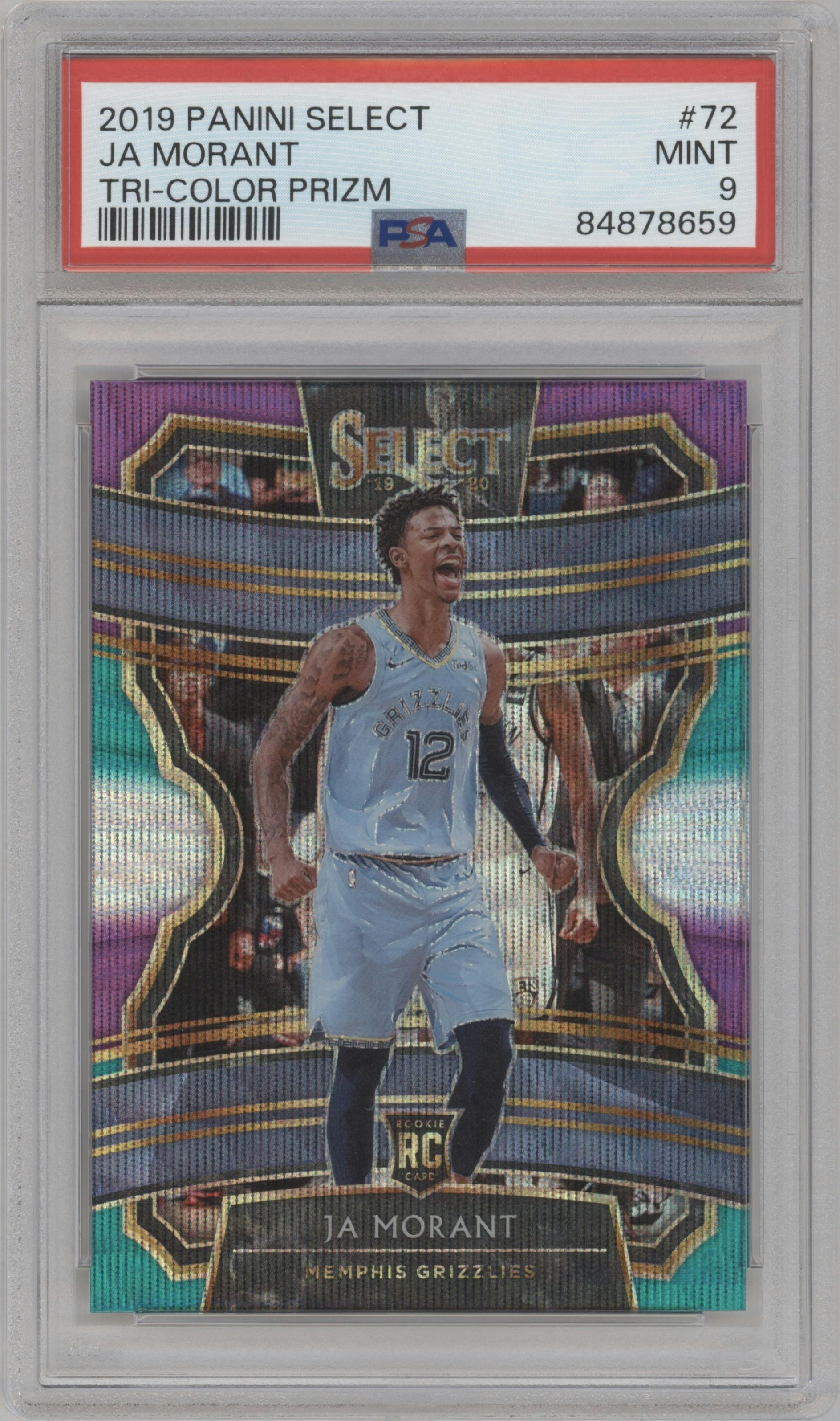 Ja Morant from the 2019-20 Panini Select set featuring a Tri-Color parallel graded by PSA and given an overall grade of 9.