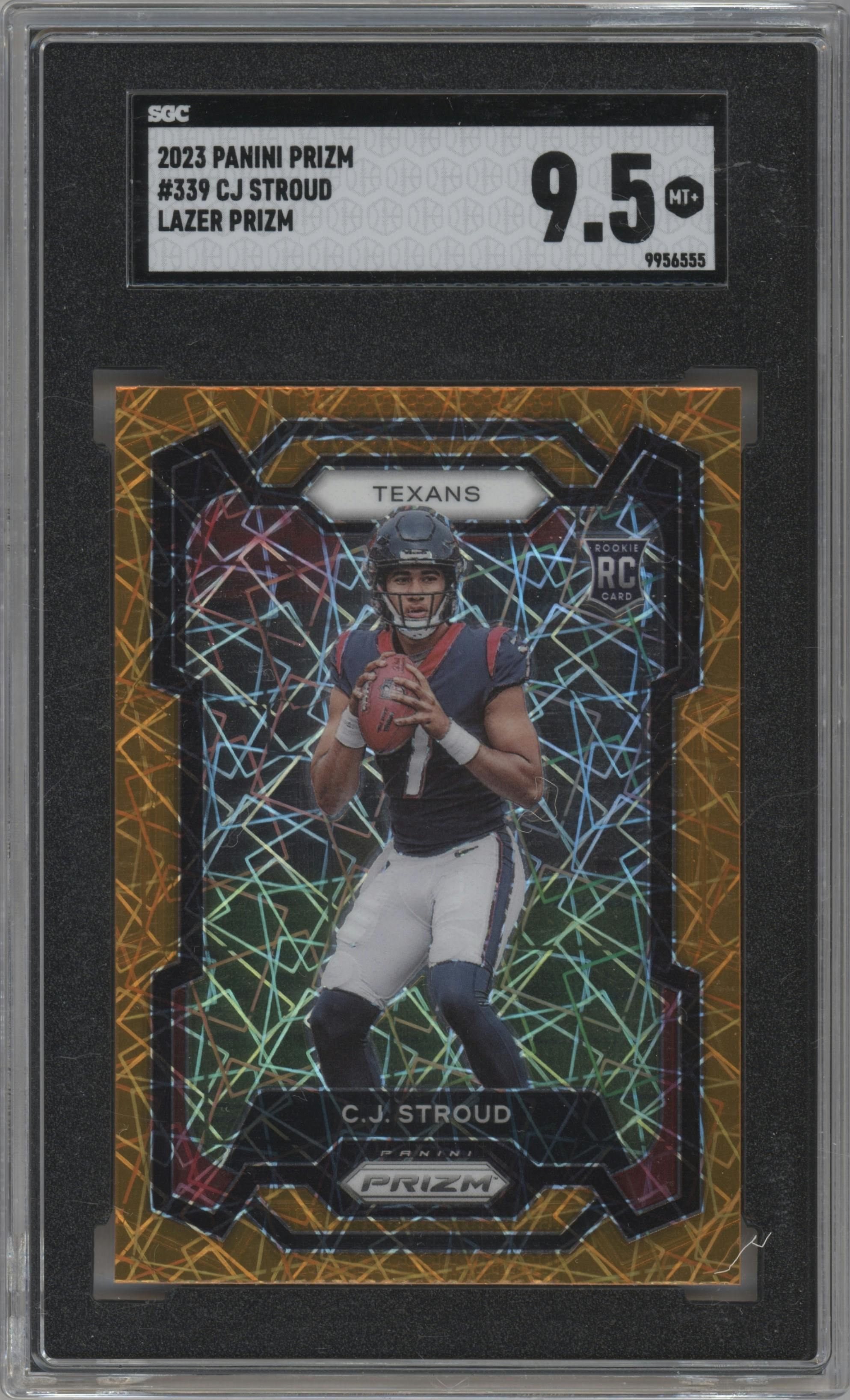 C.J. Stroud from the 2023 Panini Prizm set featuring a Lazer parallel graded by SGC and given an overall grade of 9.5.