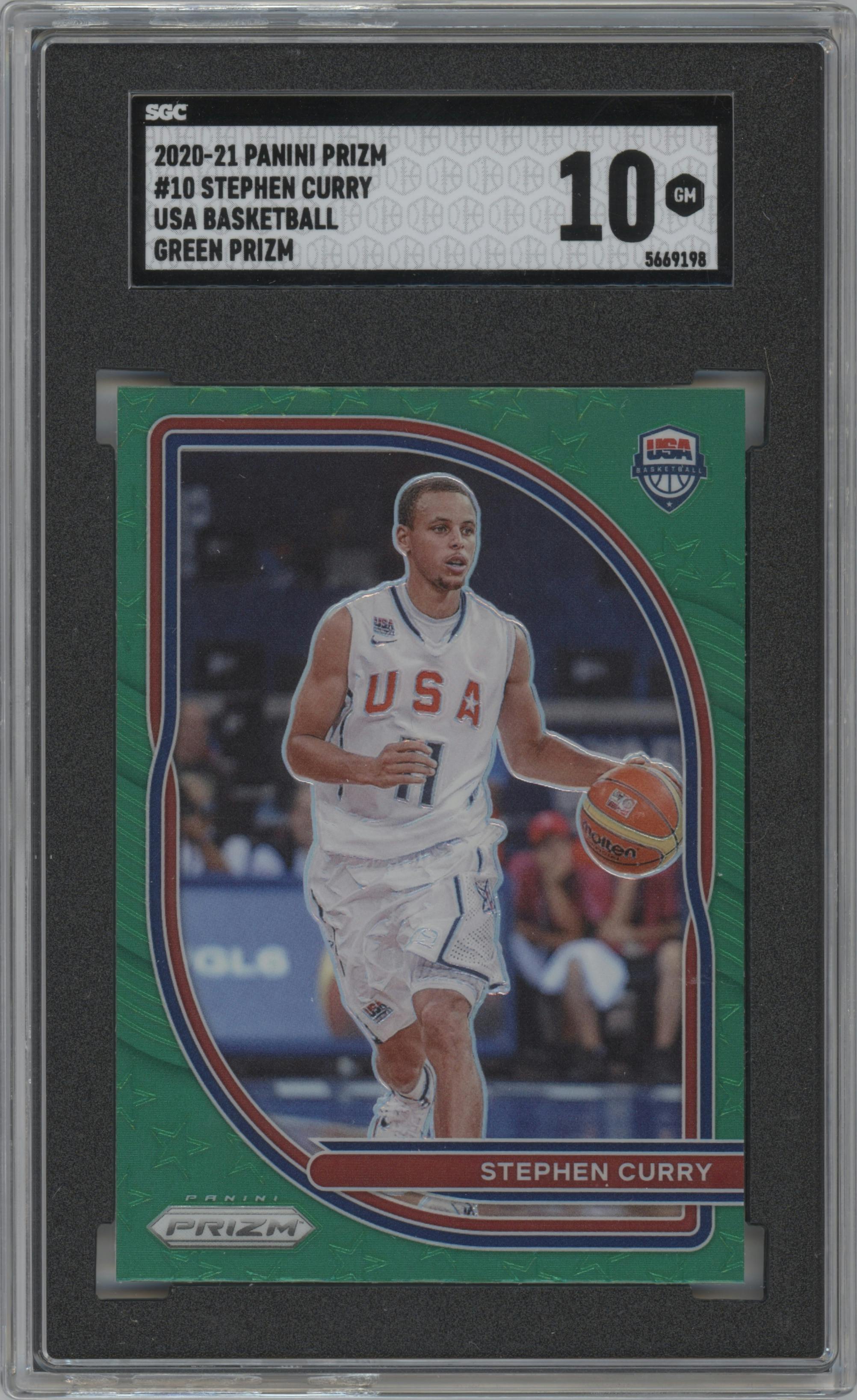 Stephen Curry from the 2020-21 Panini Prizm set featuring a Green Prizm parallel graded by SGC and given an overall grade of 10.
