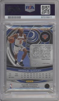 Immanuel Quickley from the 2022-23 Panini Spectra set featuring a Nebula parallel graded by PSA and given an overall grade of 9.