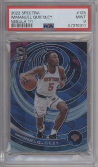Immanuel Quickley from the 2022-23 Panini Spectra set featuring a Nebula parallel graded by PSA and given an overall grade of 9.
