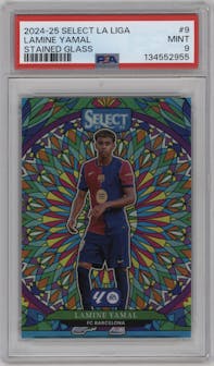 Lamine Yamal from the 2024-25 Panini Select La Liga set graded by PSA and given an overall grade of 9.