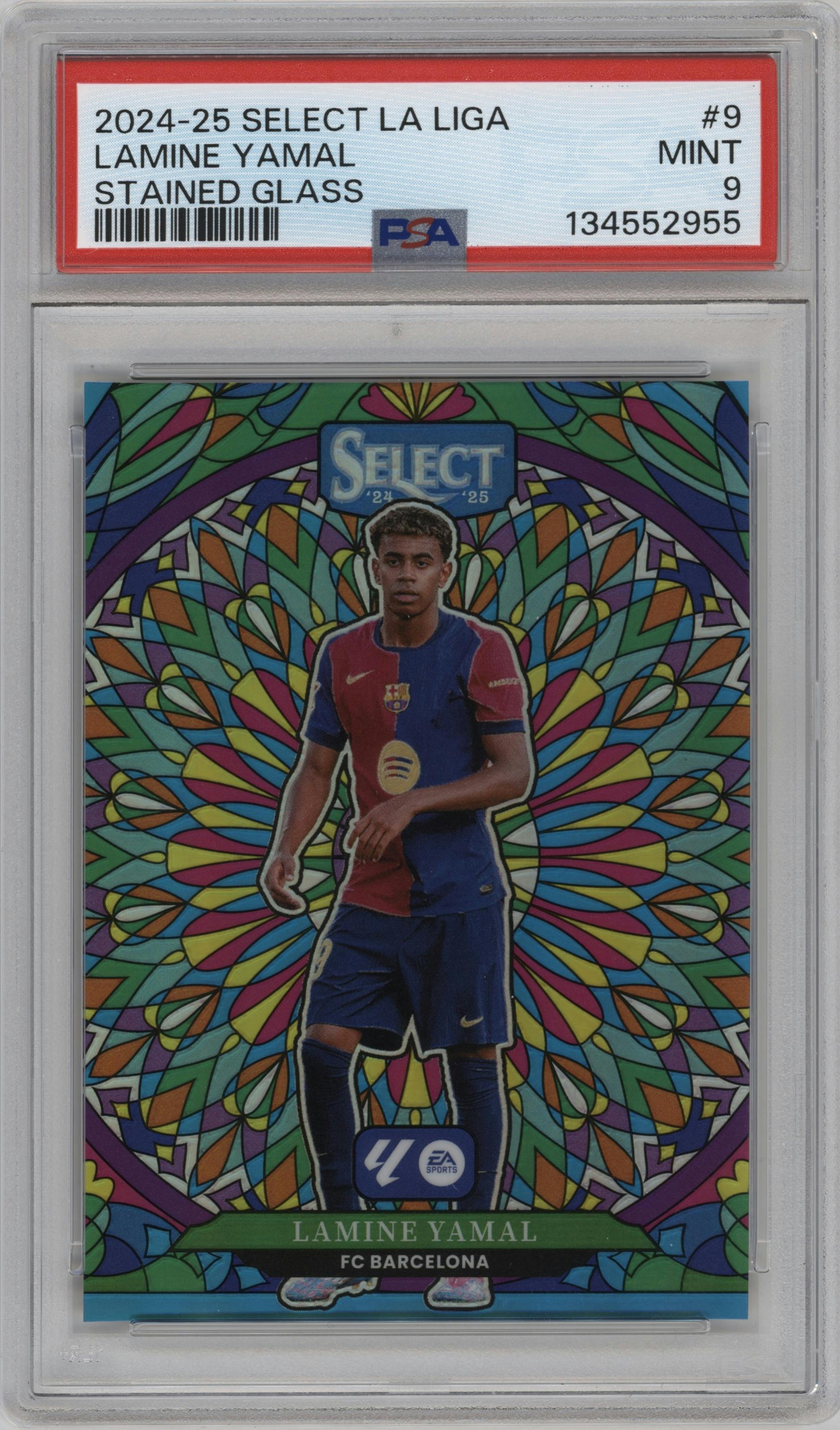 Lamine Yamal from the 2024-25 Panini Select La Liga set graded by PSA and given an overall grade of 9.