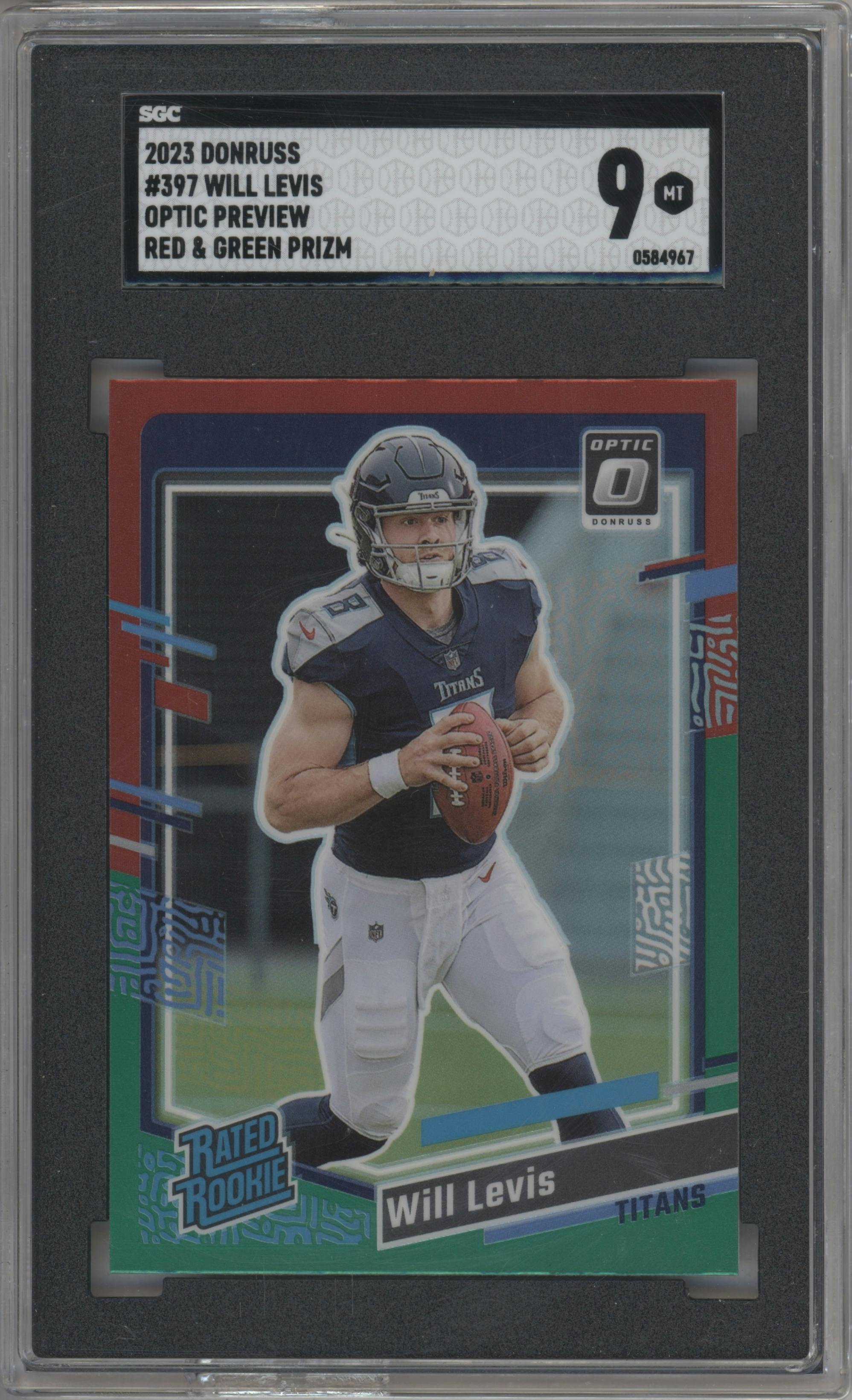 Will Levis from the 2023 Panini Donruss set featuring a Red & Green parallel graded by SGC and given an overall grade of 9.