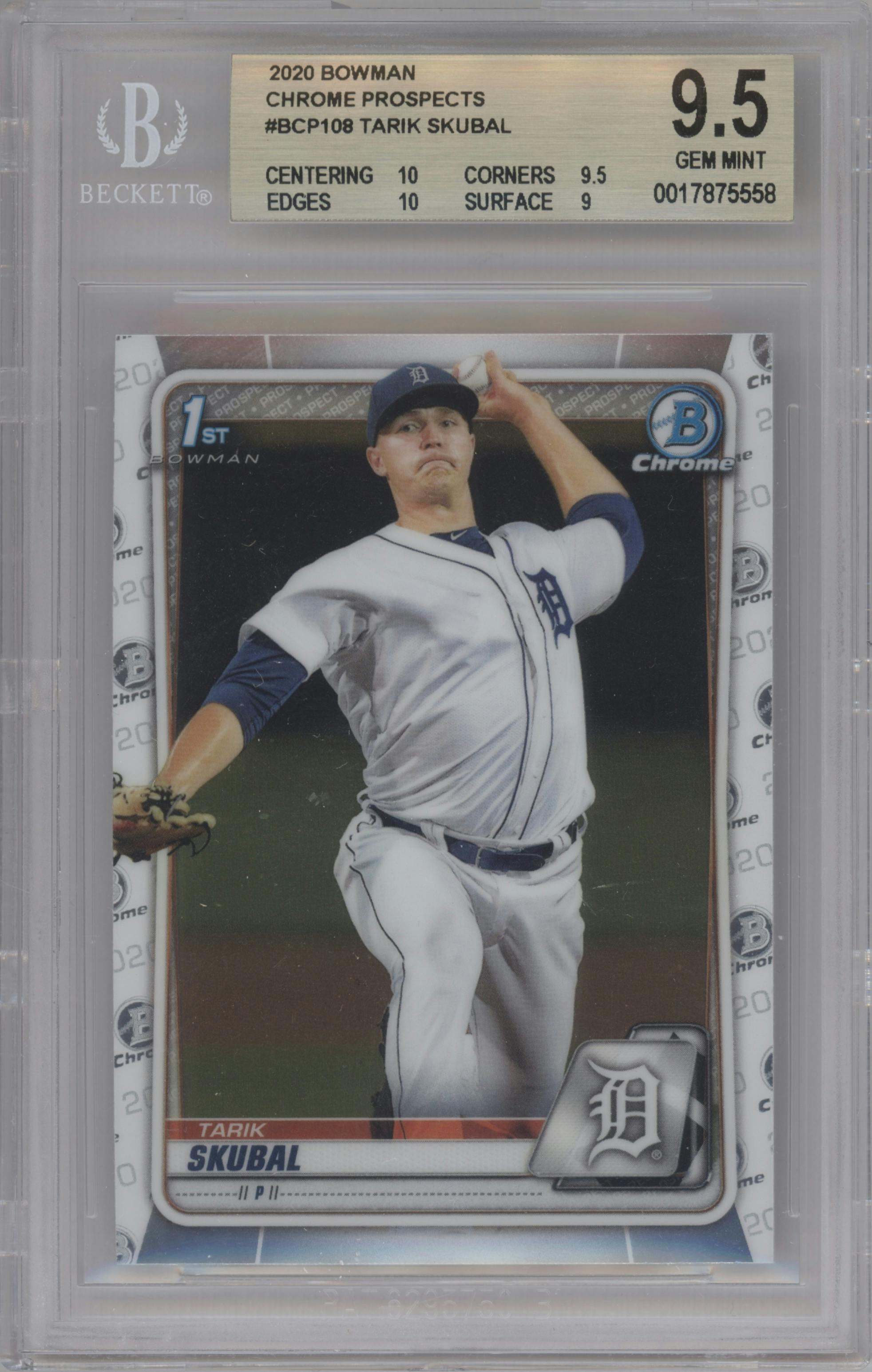 Tarik Skubal from the 2020 Bowman set graded by Beckett and given an overall grade of 9.5.