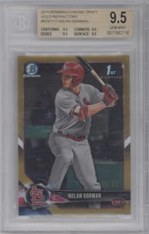 Nolan Gorman from the 2018 Bowman Draft set featuring a Gold Refractor parallel graded by Beckett and given an overall grade of 9.5.