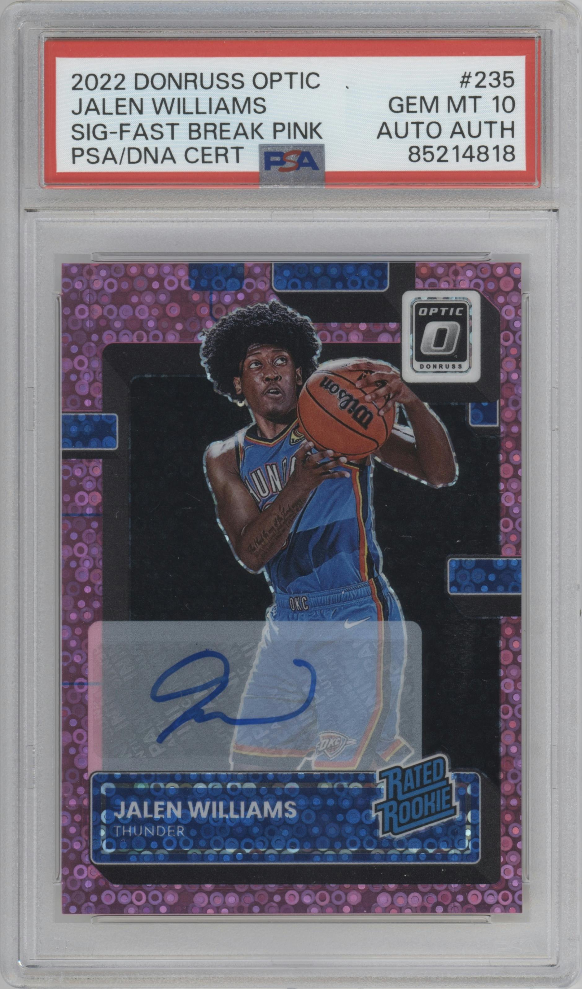 Jalen Williams from the 2022-23 Panini Donruss Optic  set featuring a Fast Break Pink parallel graded by PSA and given an overall grade of 10.