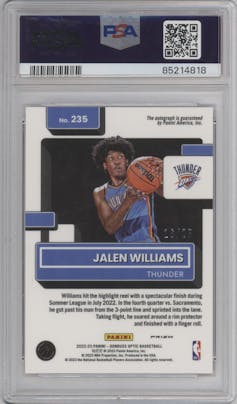 Jalen Williams from the 2022-23 Panini Donruss Optic  set featuring a Fast Break Pink parallel graded by PSA and given an overall grade of 10.