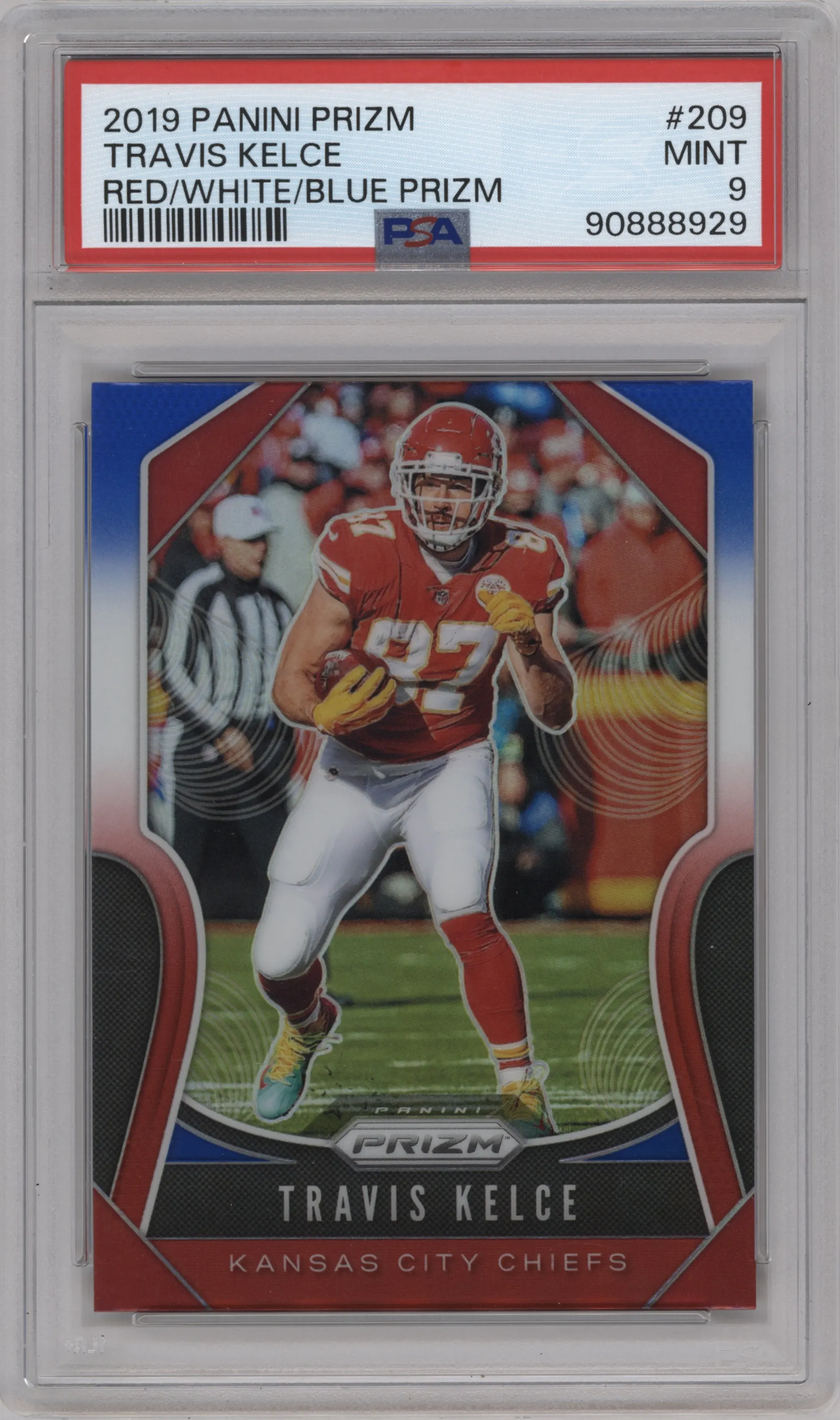 2019 Panini Prizm Travis Kelce Red/White/Blue Prizm #209 PSA 9