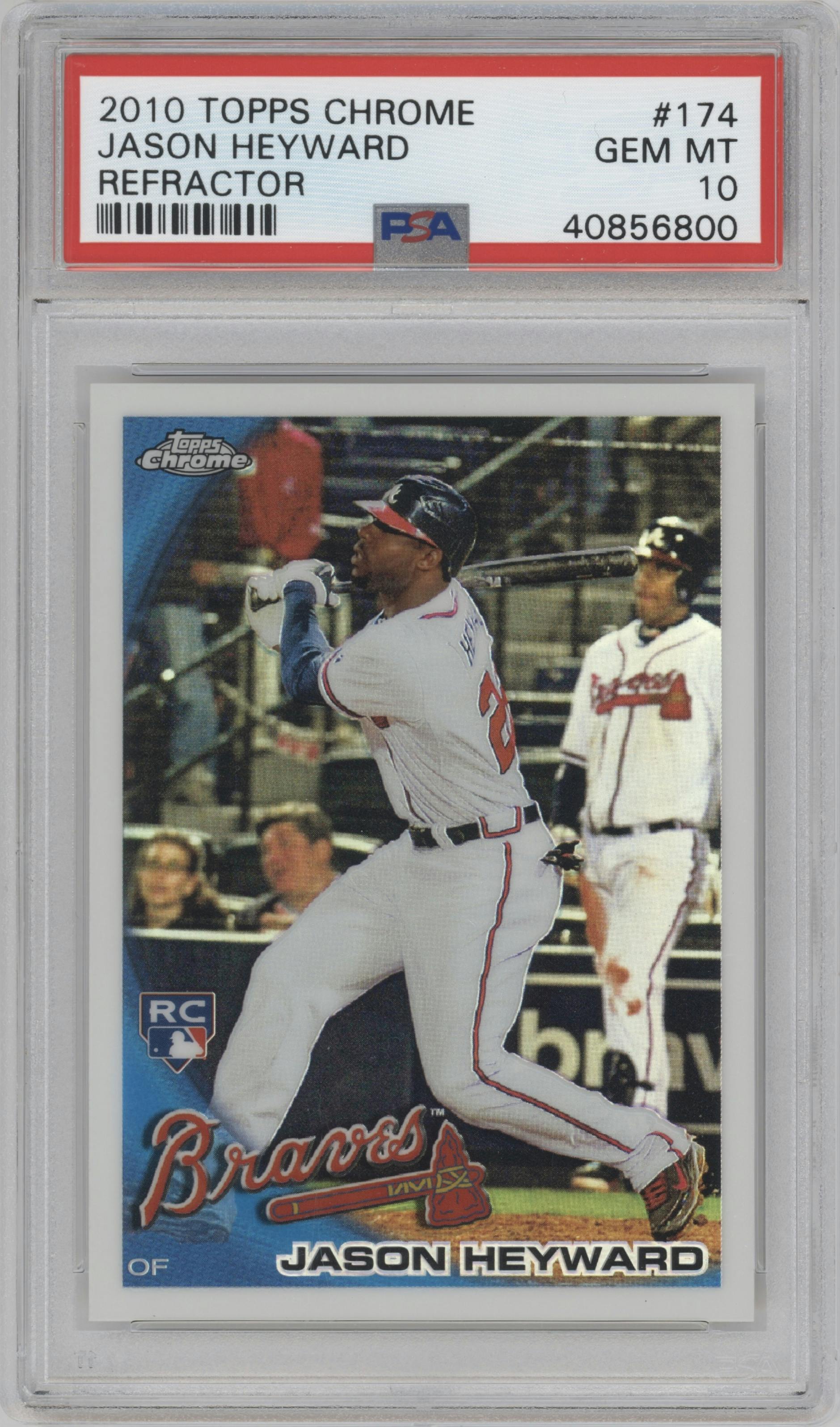 Jason Heyward  from the 2010 Topps Chrome set featuring a Refractor parallel graded by PSA and given an overall grade of 10.