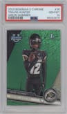 Travis Hunter  from the 2023 Bowman Chrome University set featuring a Green Shimmer parallel graded by PSA and given an overall grade of 10.