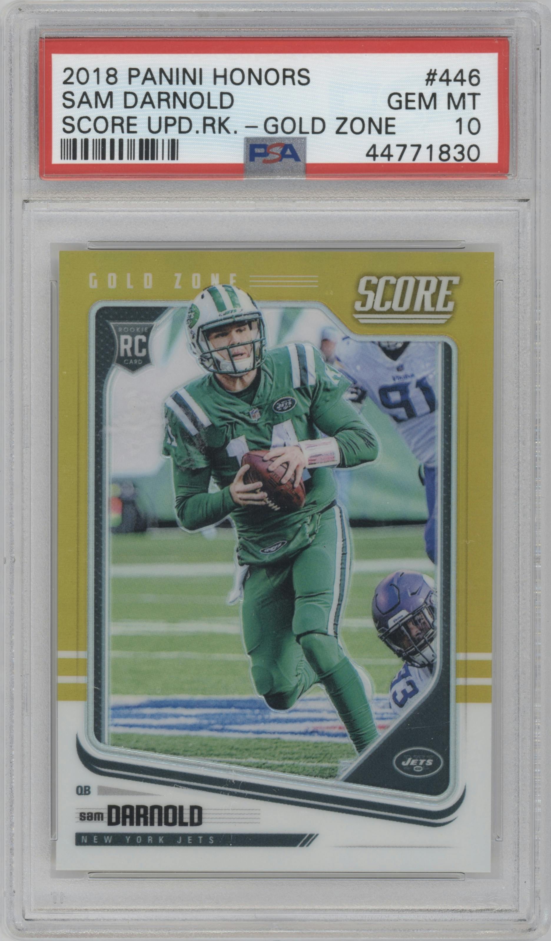 Sam Darnold from the 2018 Panini Honors set featuring a Gold Zone parallel graded by PSA and given an overall grade of 10.