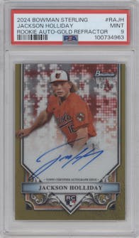 Jackson Holliday from the 2024 Bowman Sterling set featuring a Gold Refractor parallel graded by PSA and given an overall grade of 9.