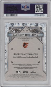 Jackson Holliday from the 2024 Bowman Sterling set featuring a Gold Refractor parallel graded by PSA and given an overall grade of 9.