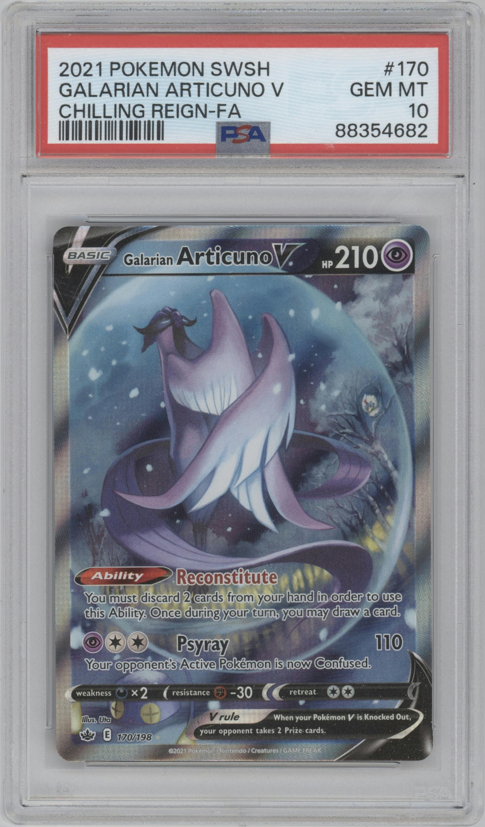 Galarian Articuno V from the 2021 Pokemon SWSH set graded by PSA and given an overall grade of 10.