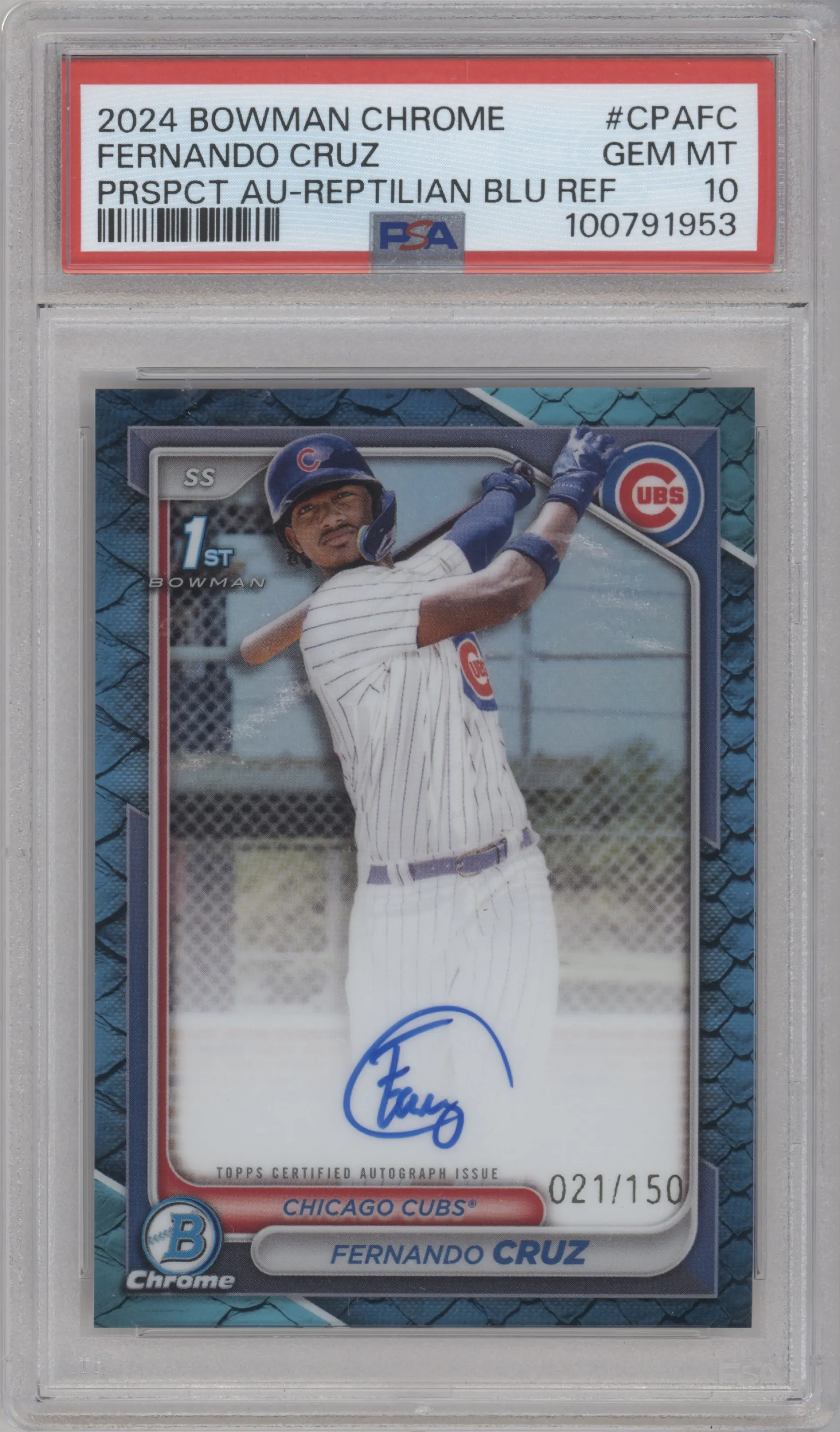 2024 Bowman Chrome Pros.Auto Fernando Cruz Reptilian Blue Refractor #CPA-FC PSA 10