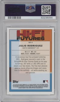 Julio Rodriguez from the 2022 Bowman Mega Box set featuring a Green Refractor parallel graded by PSA and given an overall grade of 9.