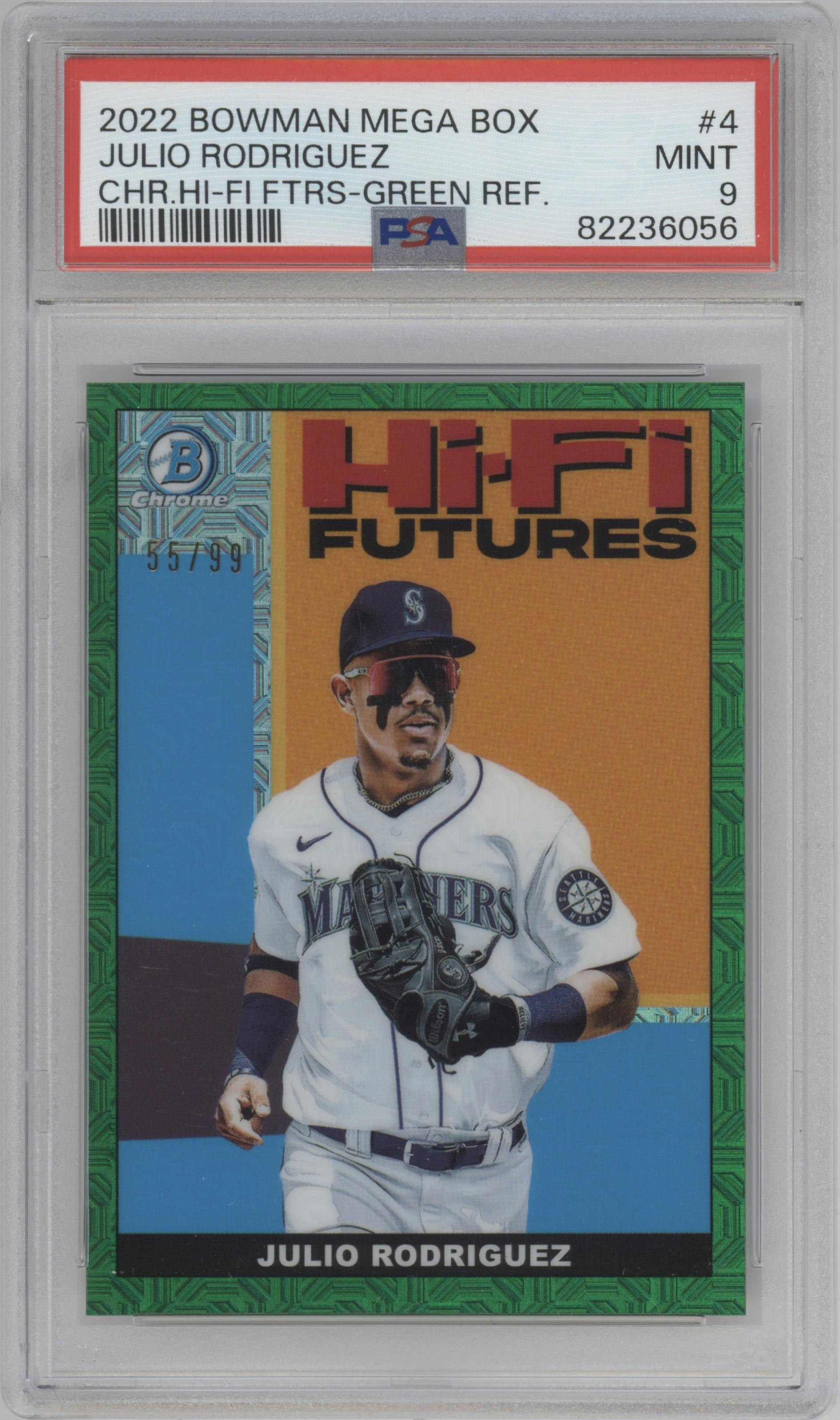 Julio Rodriguez from the 2022 Bowman Mega Box set featuring a Green Refractor parallel graded by PSA and given an overall grade of 9.