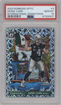 Derek Carr from the 2023 Donruss Optic set graded by PSA and given an overall grade of 10.