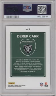 Derek Carr from the 2023 Donruss Optic set graded by PSA and given an overall grade of 10.