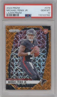 Michael Penix Jr. from the 2024 Panini Prizm set featuring a Lazer Prizm parallel graded by PSA and given an overall grade of 10.