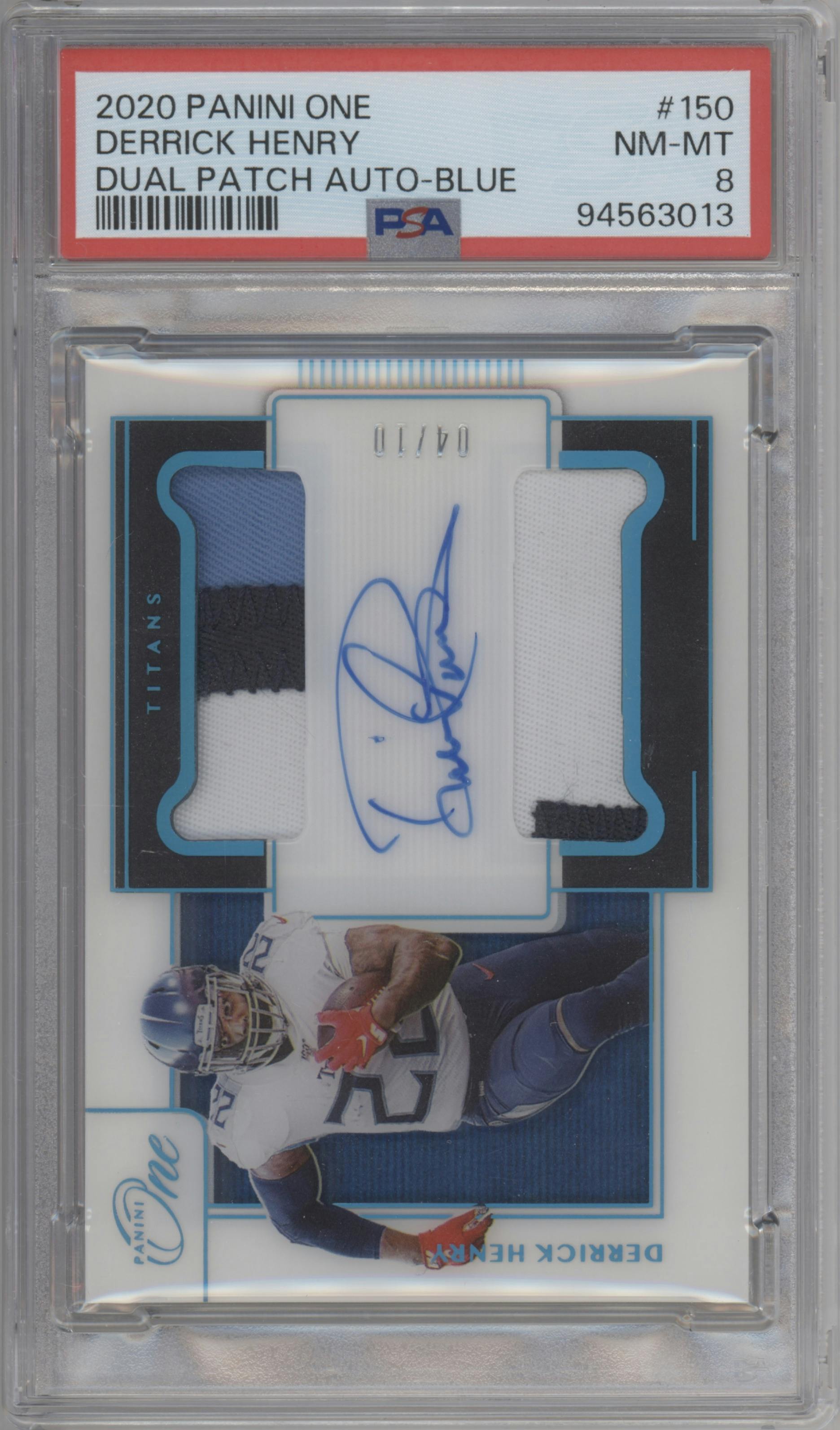 Derrick Henry from the 2020 Panini One set featuring a Blue  parallel graded by PSA and given an overall grade of 8.