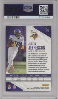 Justin Jefferson from the 2022 Panini Phoenix set featuring a Black Lazer parallel graded by PSA and given an overall grade of 9.