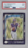 J.J. McCarthy from the 2024 Donruss Optic set featuring a Purple Shock parallel graded by PSA and given an overall grade of 9.