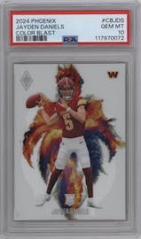 Jayden Daniels from the 2024 Panini Phoenix set graded by PSA and given an overall grade of 10.