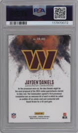 Jayden Daniels from the 2024 Panini Phoenix set graded by PSA and given an overall grade of 10.