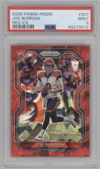 Joe Burrow from the 2020 Panini Prizm set featuring a Red Ice Prizm parallel graded by PSA and given an overall grade of 9.