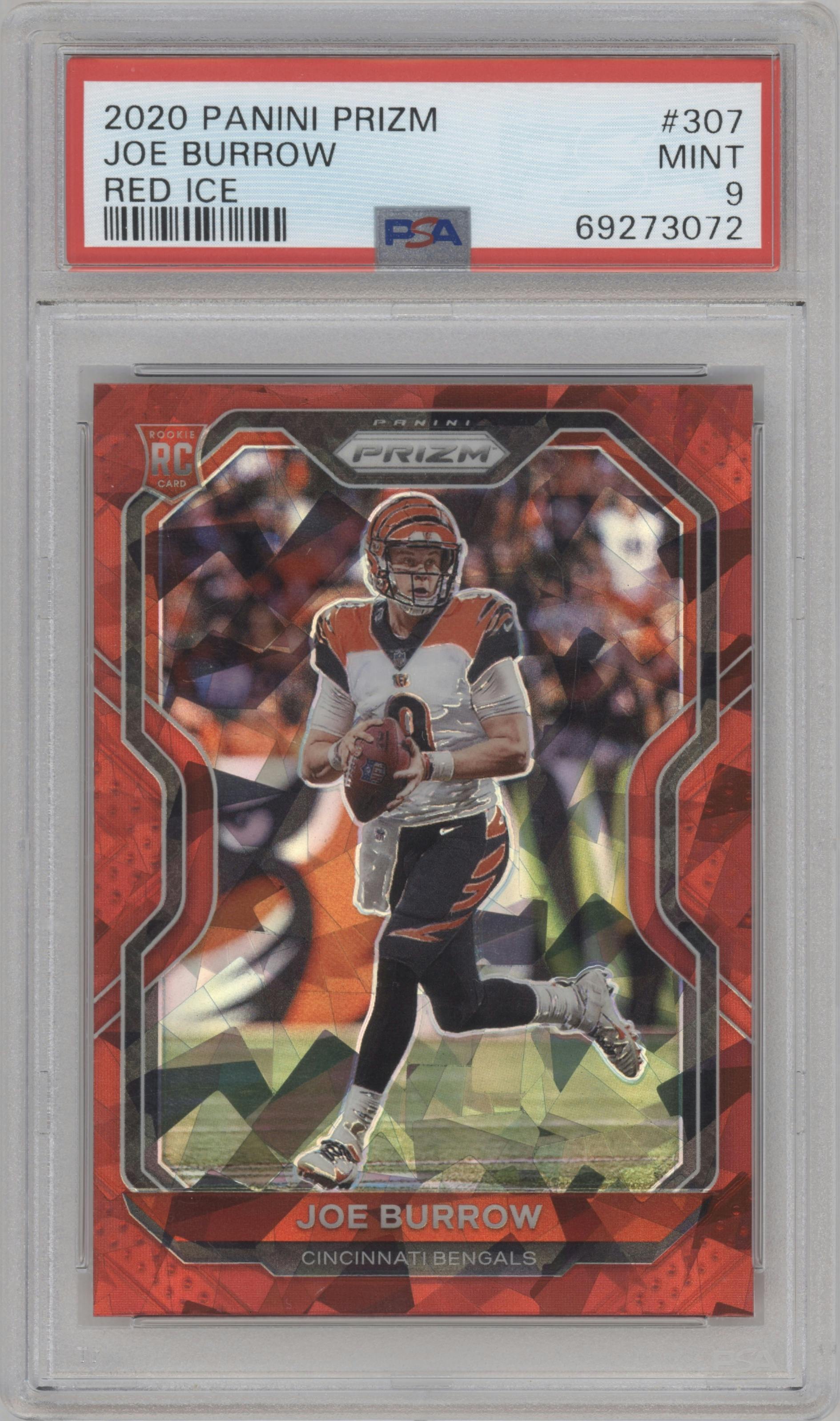 Joe Burrow from the 2020 Panini Prizm set featuring a Red Ice Prizm parallel graded by PSA and given an overall grade of 9.