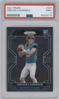 Trevor Lawrence from the 2021 Panini Prizm set graded by PSA and given an overall grade of 9.