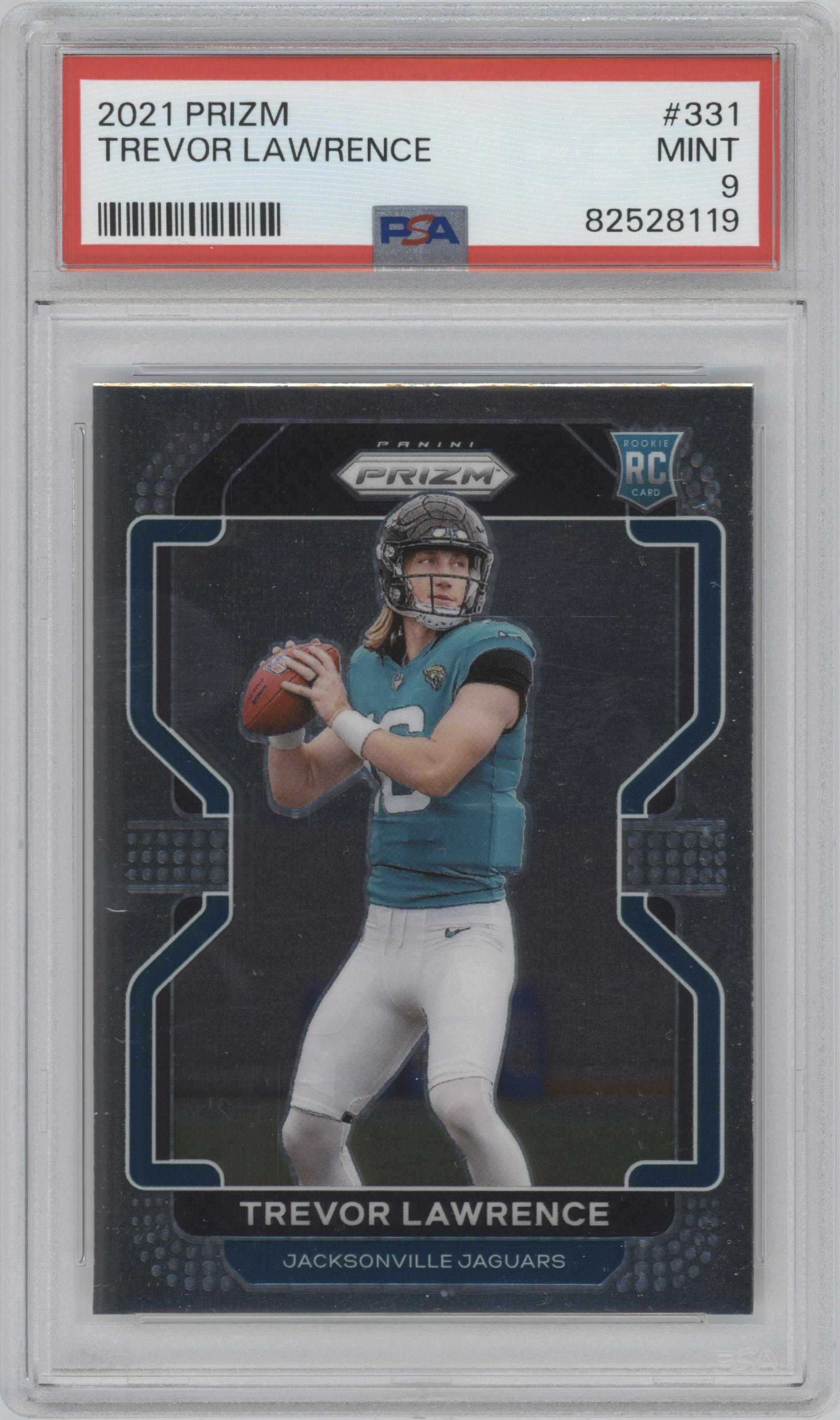 Trevor Lawrence from the 2021 Panini Prizm set graded by PSA and given an overall grade of 9.