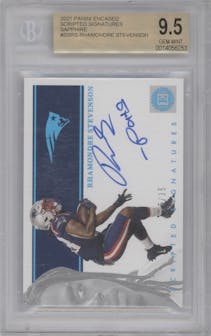 Rhamondre Stevenson from the 2021 Panini Encased set featuring a Sapphire parallel graded by Beckett and given an overall grade of 9.5.