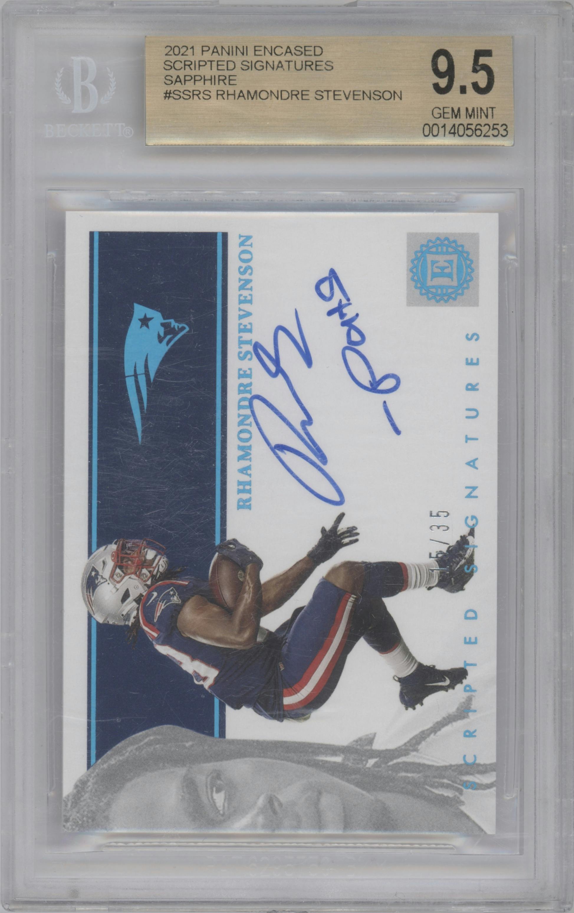 Rhamondre Stevenson from the 2021 Panini Encased set featuring a Sapphire parallel graded by Beckett and given an overall grade of 9.5.