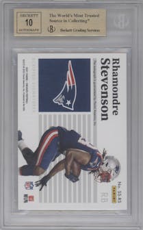 Rhamondre Stevenson from the 2021 Panini Encased set featuring a Sapphire parallel graded by Beckett and given an overall grade of 9.5.