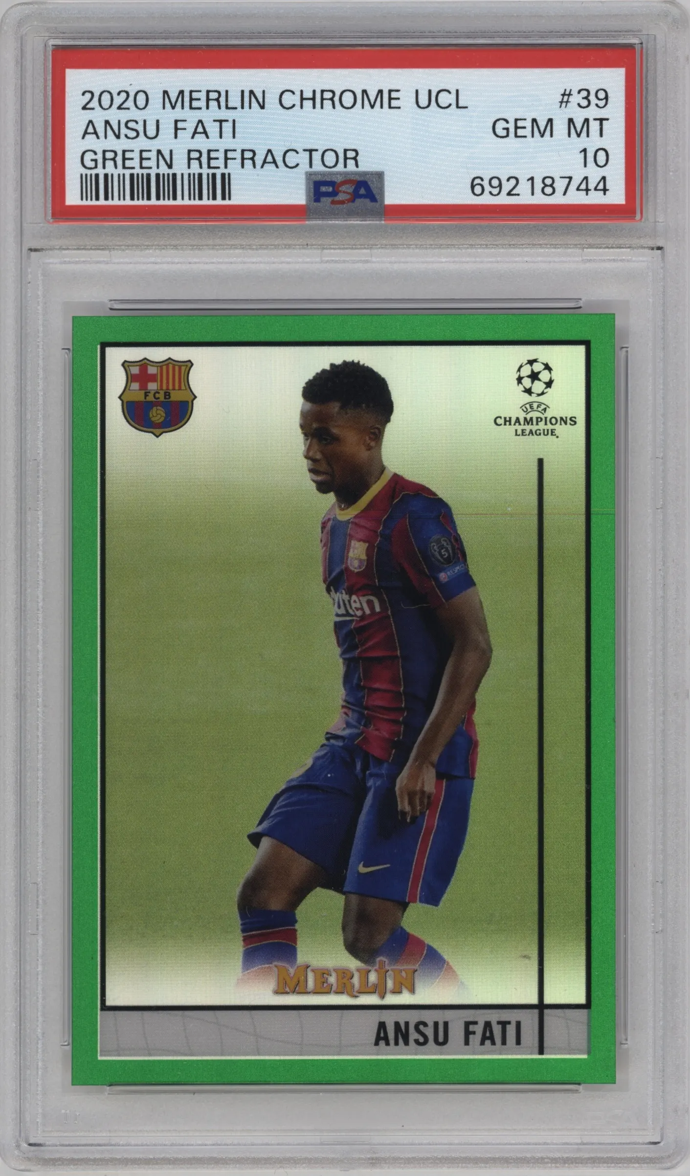 2020 Topps Chrome Merlin UEFA Ansu Fati Green Refractor PSA 10